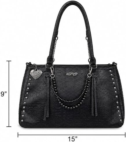 Ed Hardy Embossed Logo Tote Shoulder Bag with Studded Sides & Beaded Chain Accent, Large Zip Top Purse for Women, 15x9 in (Midnight Rebel Black) in Saudi Arabia
