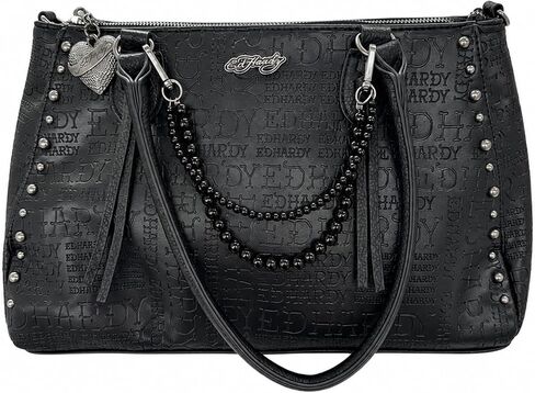 Ed Hardy Embossed Logo Tote Shoulder Bag with Studded Sides & Beaded Chain Accent, Large Zip Top Purse for Women, 15x9 in (Midnight Rebel Black) in Saudi Arabia