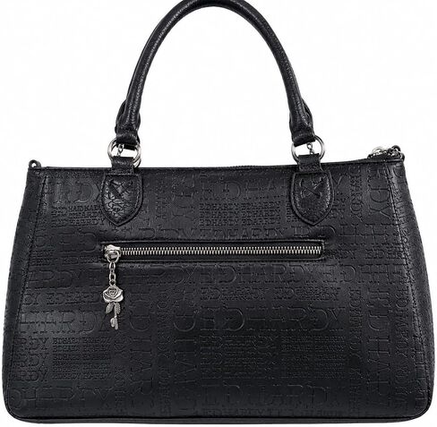 Ed Hardy Embossed Logo Tote Shoulder Bag with Studded Sides & Beaded Chain Accent, Large Zip Top Purse for Women, 15x9 in (Midnight Rebel Black) in Saudi Arabia
