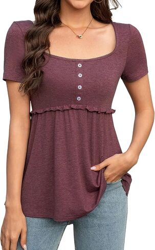 Women's Square Neck Short Sleeve Shirts Button Front Ruffle Peplum Tops Flowy Babydoll Blouses Casual Summer Tunic Tops in Saudi Arabia