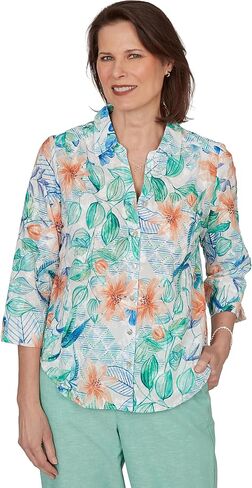 Alfred Dunner Women's Tropical Flower Eyelet Tie Sleeve Top in Kuwait