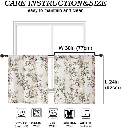 Simplebrand Natural Floral Linen Textured Tier Kitchen Curtains 24 Inch 2 Panels, Light Filtering Privacy Cafe Small Window Curtains for Bathroom RV Camper, Farmhouse Rod Pocket Panels, 30" W x 24" L in Saudi Arabia