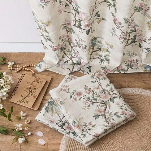 Simplebrand Natural Floral Linen Textured Tier Kitchen Curtains 24 Inch 2 Panels, Light Filtering Privacy Cafe Small Window Curtains for Bathroom RV Camper, Farmhouse Rod Pocket Panels, 30" W x 24" L in Saudi Arabia
