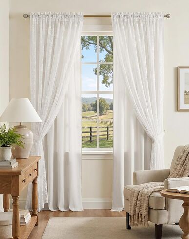 PONY DANCE White Linen Curtains with White Floral Lace Overlay 84 Inches Long for Bedroom, French Country Window Drapes for Living Room/Girls Room/Nursery/Dorm, 2 Panels Set, 52W x 84L in Saudi Arabia
