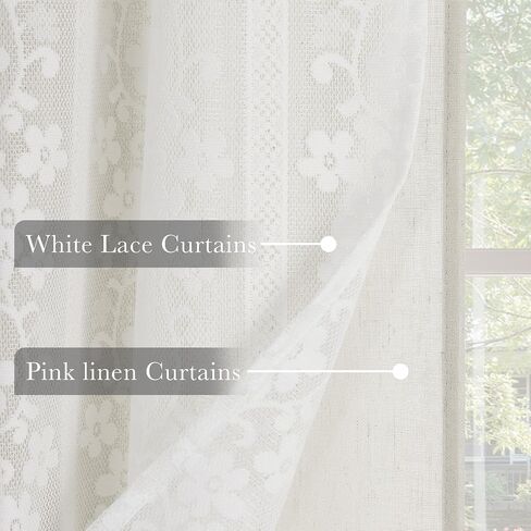 PONY DANCE White Linen Curtains with White Floral Lace Overlay 84 Inches Long for Bedroom, French Country Window Drapes for Living Room/Girls Room/Nursery/Dorm, 2 Panels Set, 52W x 84L in Saudi Arabia