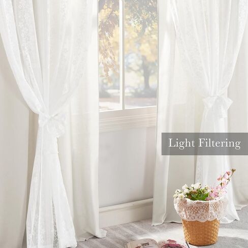 PONY DANCE White Linen Curtains with White Floral Lace Overlay 84 Inches Long for Bedroom, French Country Window Drapes for Living Room/Girls Room/Nursery/Dorm, 2 Panels Set, 52W x 84L in Saudi Arabia