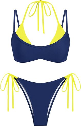 ZAFUL Women's Polka Dot Bikini Set Double Layer Halter Swimsuit Colorblock Side Tie 2 Piece Bathing Suit in Kuwait
