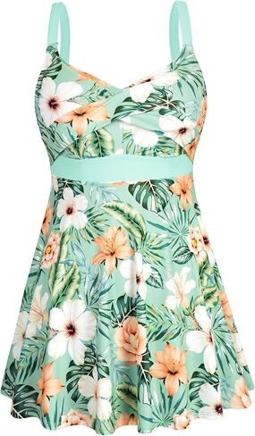 HUSKARY Plus Size Swimsuits for Women Tummy Control V Neck Swim Dress Two Piece Bathing Suit Flowy Tankini with Boyshorts in Saudi Arabia
