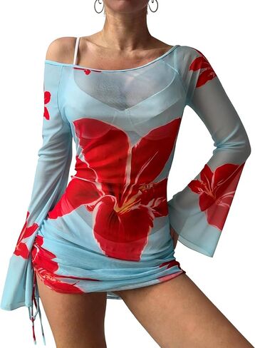 Swimsuit Cover Up for Women Sheer Mesh Ruched Side Coverup Long Bell Sleeve Off Shoulder Swim Beach Floral Dress in Saudi Arabia