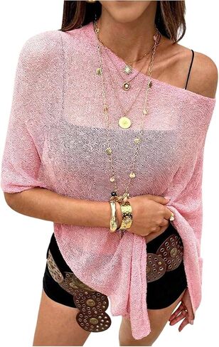 SOLY HUX Women's Sheer Poncho Top Crochet Knit Lightweight Shawl Asymmetrical Summer Cover Up Beach Wear in Kuwait