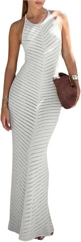 MakeMeChic Women's Hollow Out Cover Up Dress Tie Backless Halter Neck Sleeveless Beach Swimsuit Maxi Dresses in Kuwait