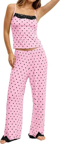 Polka Dot 2 Piece Lounge Sets for Women Lace Trim Tank Tops Wide Leg Pants Matching Pajamas Set Summer Comy Pjs Set in Saudi Arabia
