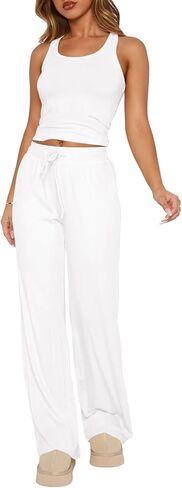BONITEE Womens Loungewear Set 2 Piece Pajama Sets Summer Sleeveless Crop Tank Tops Wide Leg Pants Lounge Outfits in Saudi Arabia