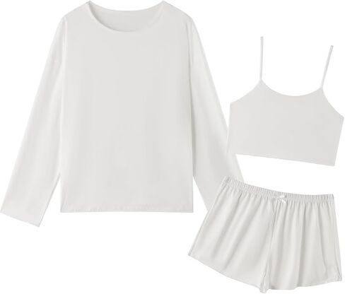 Women's Pajamas Set 3 Piece Soft Cami Shorts Long Sleeve Tops Pj set | Sleeveless Camisole,Cotton Sleepwear,Lounge Set,Adjustable Straps,Bow Decoration,Casual Loungewear in Kuwait