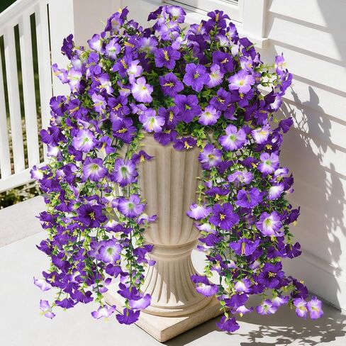 Artificial Hanging Flowers Plants for Outdoor Spring Summer Decoration, 2PCS Faux Silk Morning glory UV Resistant Look Real for Outside Home Indoor Planter Porch Garden Yard Decor(Dark Orchid) in Saudi Arabia