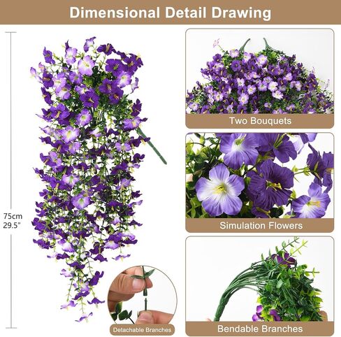 Artificial Hanging Flowers Plants for Outdoor Spring Summer Decoration, 2PCS Faux Silk Morning glory UV Resistant Look Real for Outside Home Indoor Planter Porch Garden Yard Decor(Dark Orchid) in Saudi Arabia
