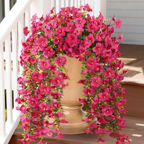 Artificial Hanging Flowers Plants for Outdoor Spring Summer Decoration, 2PCS Faux Silk Morning glory UV Resistant Look Real for Outside Home Indoor Planter Porch Garden Yard Decor(Dark Orchid) in Saudi Arabia