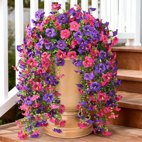 Artificial Hanging Flowers Plants for Outdoor Spring Summer Decoration, 2PCS Faux Silk Morning glory UV Resistant Look Real for Outside Home Indoor Planter Porch Garden Yard Decor(Dark Orchid) in Saudi Arabia