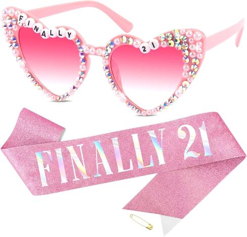 KICOSY Finally 21st Birthday Decorations Set, Pink Rhinestone Heart Sunglasses with Glitter Sash, 21st Birthday Accessories for Her in Kuwait