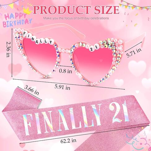 KICOSY Finally 21st Birthday Decorations Set, Pink Rhinestone Heart Sunglasses with Glitter Sash, 21st Birthday Accessories for Her in Kuwait