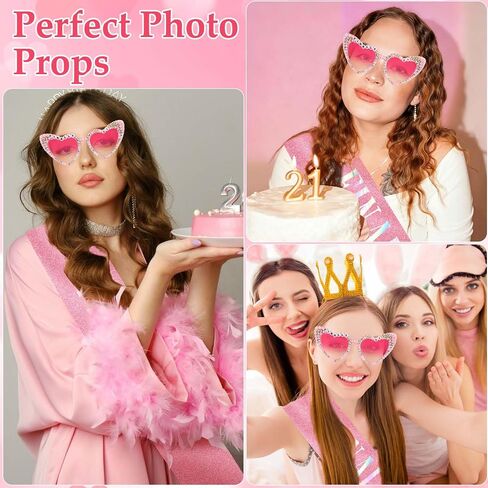 KICOSY Finally 21st Birthday Decorations Set, Pink Rhinestone Heart Sunglasses with Glitter Sash, 21st Birthday Accessories for Her in Kuwait