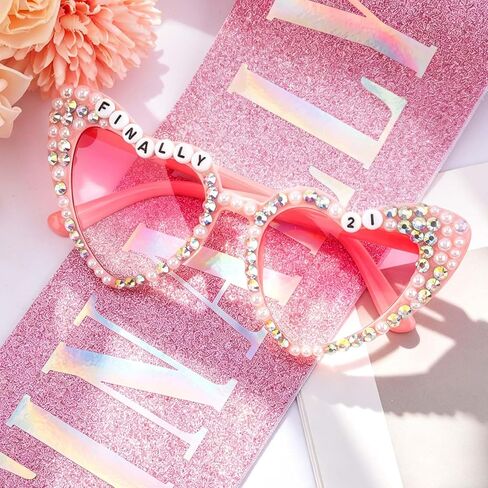 KICOSY Finally 21st Birthday Decorations Set, Pink Rhinestone Heart Sunglasses with Glitter Sash, 21st Birthday Accessories for Her in Kuwait