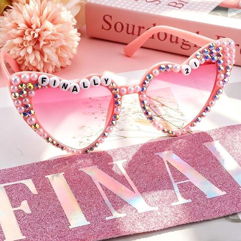 KICOSY Finally 21st Birthday Decorations Set, Pink Rhinestone Heart Sunglasses with Glitter Sash, 21st Birthday Accessories for Her in Kuwait
