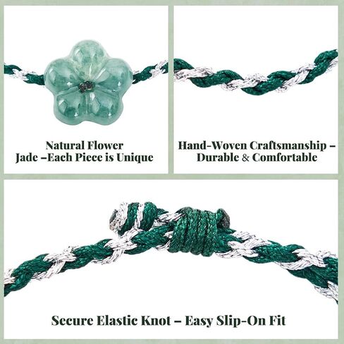 Handmade Natural Jade Flower Charm String Bracelet, Good Luck Green Jade Bracelet, Abundance Wealth Symbol Jade Bracelet For Women, Adjustable Lucky Healing Crystal Stone Jewelry, Includes Gift Box in Saudi Arabia