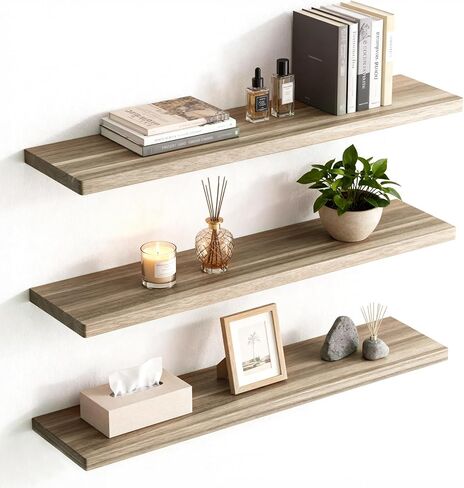 JAMBALAY Floating Shelves for Wall, 16" Wall Mounted Rustic Wood Shelves for Bathroom, Living Room, Bedroom, Kitchen. Hanging Shelf for Books/Storage/Decor (Brown, Set of 3) in Saudi Arabia