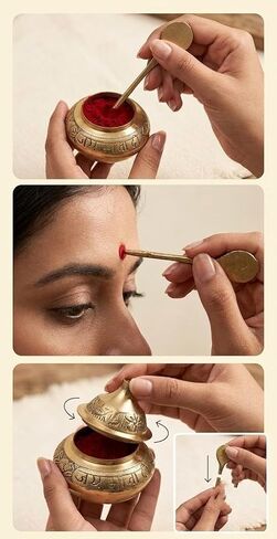 Brass Sindoor Dibbi with Salai Stick, Jai Mata Di Kumkum Box, Traditional Pooja Accessory for Women, Decorative Brass Sindoor Container, 2 x 3 Inch in Saudi Arabia
