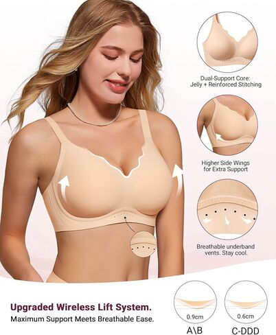 As Fairy Wireless Bras for Women No Underwire Full Coverage Jelly Lift Strong Support Push Up Scalloped Everyday Tshirt Bra Seamless Soft Daily Wear Breathable Air Hole Design(Nude 40DD) in Saudi Arabia