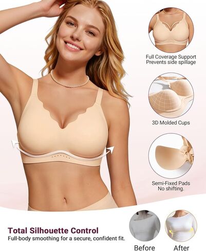 As Fairy Wireless Bras for Women No Underwire Full Coverage Jelly Lift Strong Support Push Up Scalloped Everyday Tshirt Bra Seamless Soft Daily Wear Breathable Air Hole Design(Nude 40DD) in Saudi Arabia