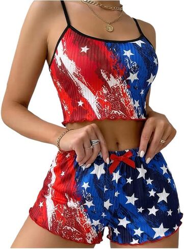 NANYUAYA Womens 4th of July Pajamas USA Patriotic Pjs 2 Piece American Flag Ribbed Camisole Shorts Sets Outfits in Saudi Arabia