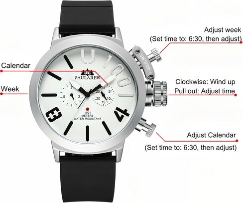 Men’s Oversized Mechanical Watch, Automatic/Hand-Wind, Luminous Big Dial, Day & Date Sub-Dials, Daily Water Resistant, Silicone Strap in Kuwait