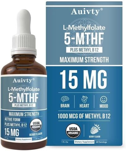 Organic Methyl Folate 1000 mcg + Methyl B12 Drops – 5-MTHF & Methylcobalamin Sublingual, 300 Servings, Berry Flavor, Vegan, Non-GMO Liquid Folate & Vitamin B12 Supplement, 1 fl oz in Saudi Arabia