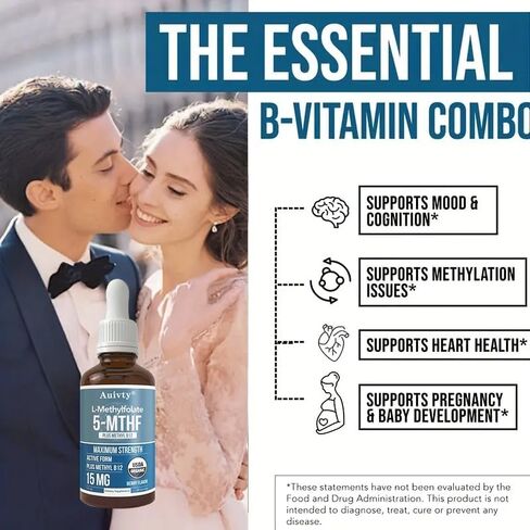 Organic Methyl Folate 1000 mcg + Methyl B12 Drops – 5-MTHF & Methylcobalamin Sublingual, 300 Servings, Berry Flavor, Vegan, Non-GMO Liquid Folate & Vitamin B12 Supplement, 1 fl oz in Saudi Arabia
