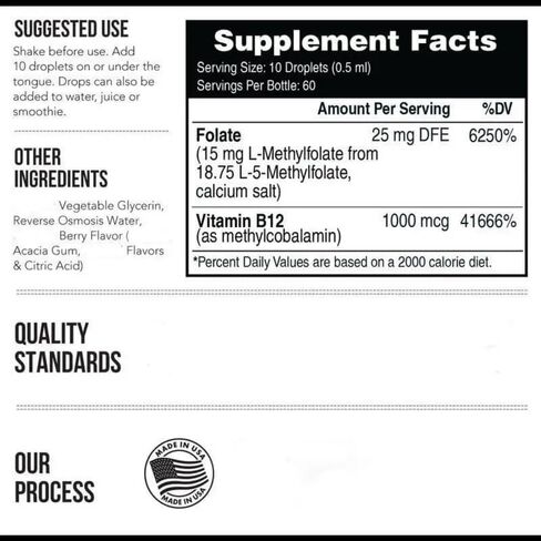 Organic Methyl Folate 1000 mcg + Methyl B12 Drops – 5-MTHF & Methylcobalamin Sublingual, 300 Servings, Berry Flavor, Vegan, Non-GMO Liquid Folate & Vitamin B12 Supplement, 1 fl oz in Saudi Arabia