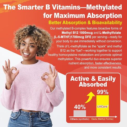 Methylated Vitamin B Complex Gummies for Women & Men - 12-in-1 Multivitamin with 1000 mcg Methyl B12, 1700 mcg Methylfolate, 2000 mcg Biotin, Inositol for Energy, Brain, Healthy Hair, Sugar Free, 60ct in Saudi Arabia