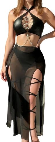 FEOYA Women PU Leather Lingerie Set Sexy Halter Bra Top Sheer Mesh Split Skirt with Thong Nightgown in Kuwait
