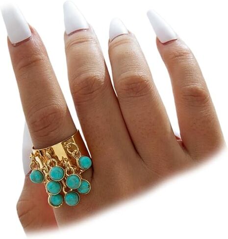 Colorful Small Crystal Beads Wide Gold Ring for Women, Statement Delicate Pearl Turquoise Cluster Rings Unique Bohemia Party Index Finger Jewelry Gift in Kuwait