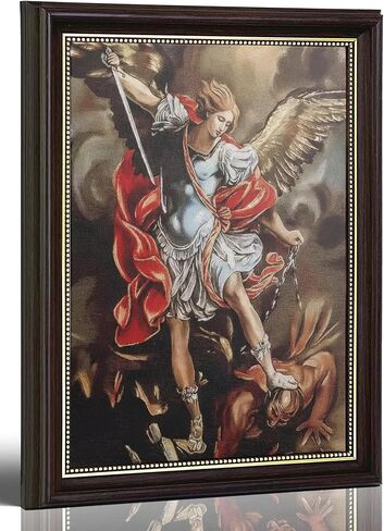 St Michael Archangel Framed Wall Art - Saint Michael Defeating Satan Painting - Catholic Religious Wall Decor for Bedroom Living Room Church, Vintage Christian Angel Canvas Print with Gold Trim Framed in Kuwait