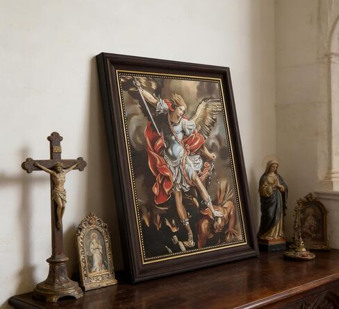 St Michael Archangel Framed Wall Art - Saint Michael Defeating Satan Painting - Catholic Religious Wall Decor for Bedroom Living Room Church, Vintage Christian Angel Canvas Print with Gold Trim Framed in Kuwait