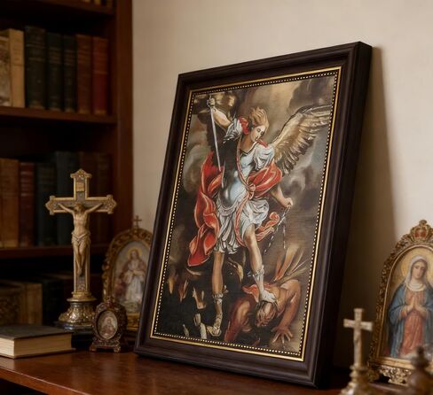 St Michael Archangel Framed Wall Art - Saint Michael Defeating Satan Painting - Catholic Religious Wall Decor for Bedroom Living Room Church, Vintage Christian Angel Canvas Print with Gold Trim Framed in Kuwait