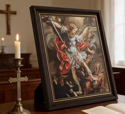 St Michael Archangel Framed Wall Art - Saint Michael Defeating Satan Painting - Catholic Religious Wall Decor for Bedroom Living Room Church, Vintage Christian Angel Canvas Print with Gold Trim Framed in Kuwait