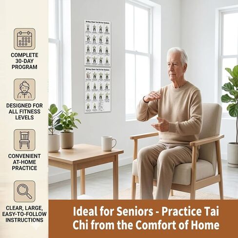 Tai Chi Chair Workout Chart Poster, Print Tai Chi Chair Seated Exercises for Seniors Wall Chart Home Gym Living Room Decor Low Impact Mindful Movement for Beginners Elderly in Saudi Arabia