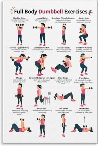 Dumbbell Workout Chart Poster, Full Body Dumbbell Exercise Canvas Wall Art, Fitness and Strength Training Guide Prints for Home Gym for Women Men 12x16in Unframed in Kuwait