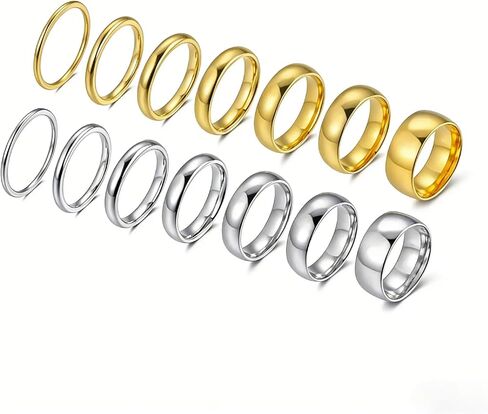 Stainless Steel Rings Set of 14 Pieces for Men Women, 1-8mm Silver/Gold Wedding Band Rings, Comfort Fit Sizes 5-10 with Gift Box in Saudi Arabia