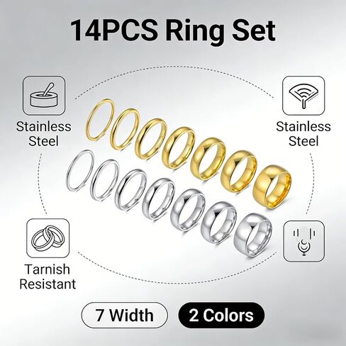 Stainless Steel Rings Set of 14 Pieces for Men Women, 1-8mm Silver/Gold Wedding Band Rings, Comfort Fit Sizes 5-10 with Gift Box in Saudi Arabia
