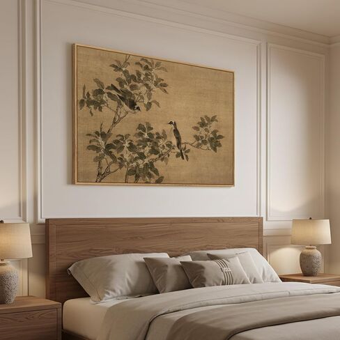 Framed Vintage Botanical Birds on Branch Wall Art, Retro Neutral Still Life Canvas Artwork for Walls, Elegant Rustic Painting Print for Living Room Bedroom Dining Room Office Wall Decor, 36x24 Inch in Saudi Arabia