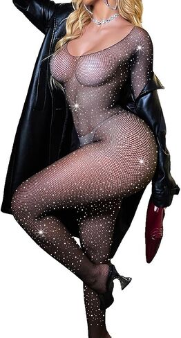 FRENZCOY Women Rhinestone Lingerie Fishnet Bodysuit Stretchy Mesh Bodystocking One Piece Babydoll in Kuwait